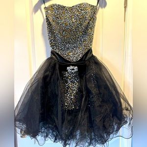 Sherri Hill Sequin Mini Dress w/ Removable Tulle Skirt and Rhinestone Bow Buckle